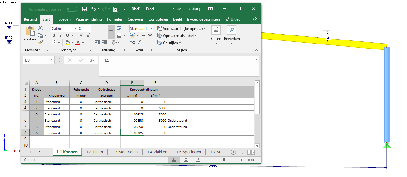 Geimporteerde knooptabel vanuit de rekensoftware RFEM
